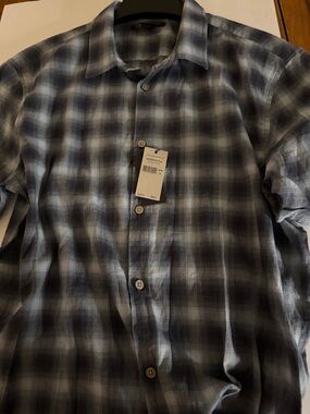 John Varvatos Blue Gray Plaid Short-Sleeve Button-Down Shirt